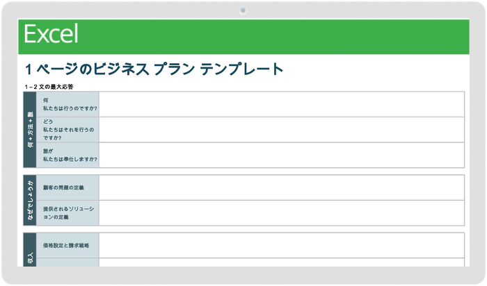 1ページのビジネスプランテンプレート