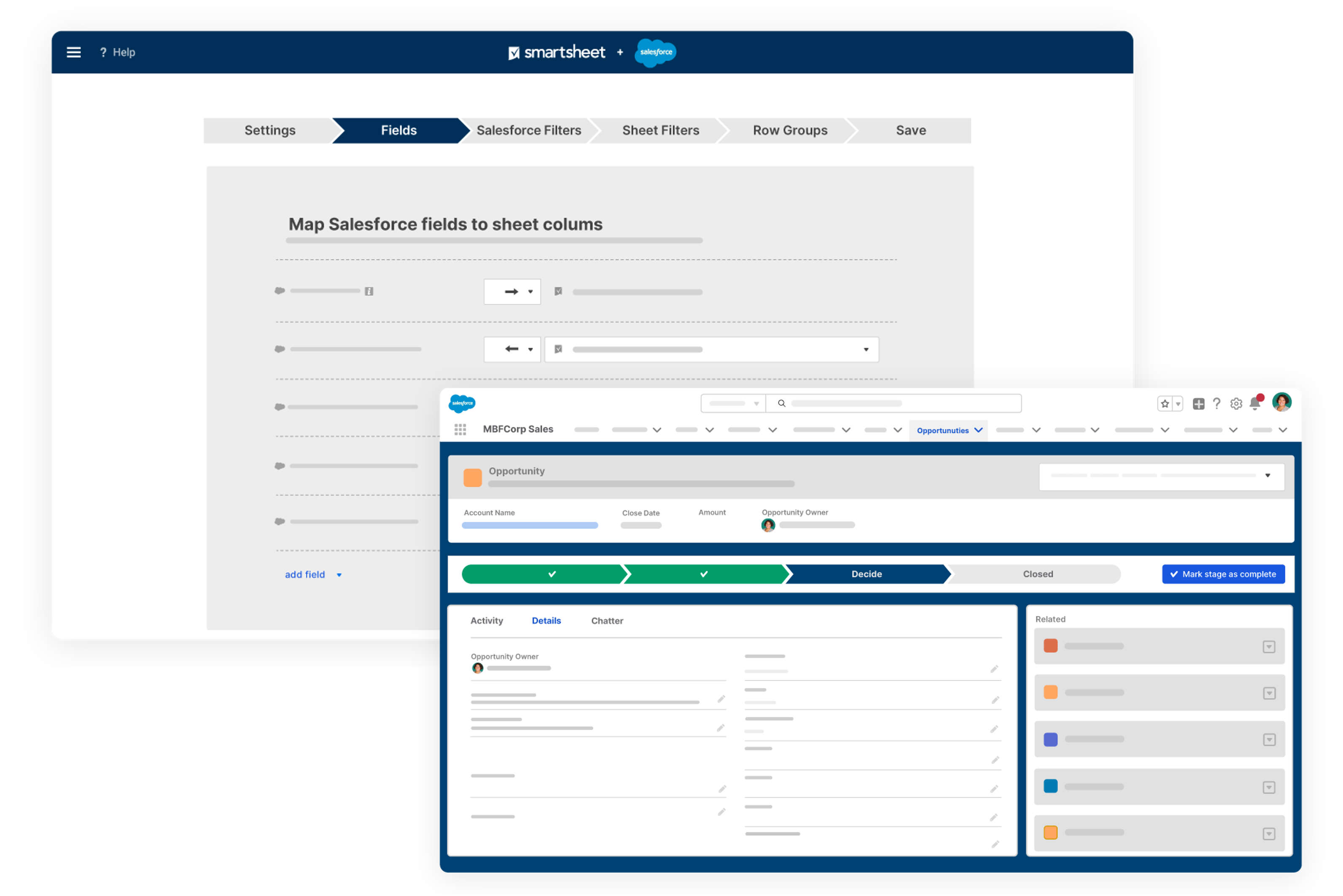 Salesforce Smartsheet connector product screen